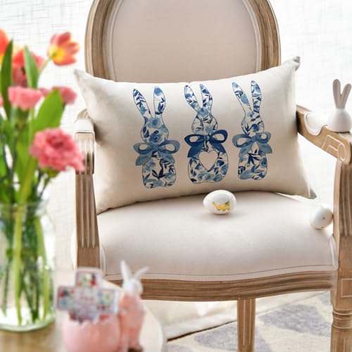 Easter Bunny Throw Pillow Cover - Blue & White Floral Design, 12x20