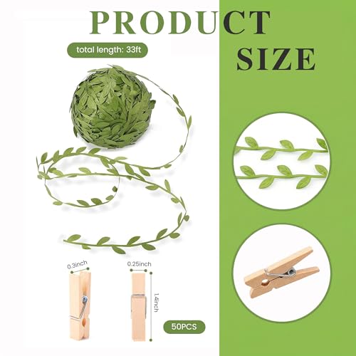 50 Pcs Mini Wooden Clothespins with Leaf Ribbon for Crafts