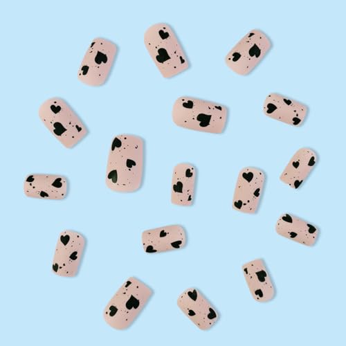 Black Heart Press on Nails Square Matte Pink Acrylic False Nails 24pcs