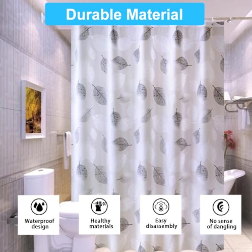 SUJAYU 72x72 Inch PEVA Shower Curtain Liner with Hooks, Grey Leaf Print