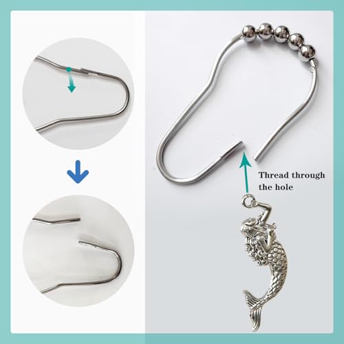 Mermaid Shower Curtain Hooks - Decorative Stainless Steel Rings, Pack of 12