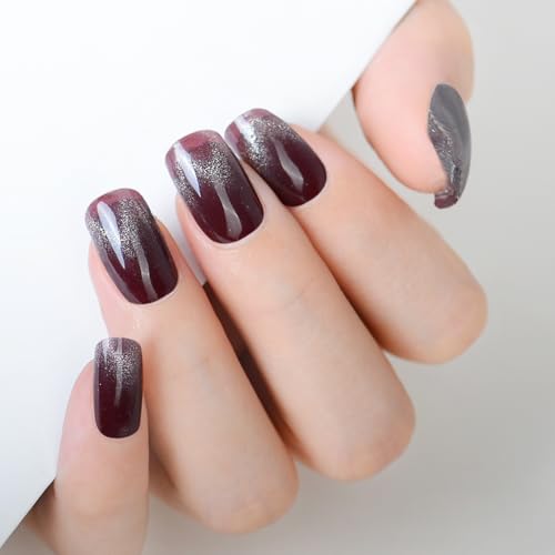 WOKOTO Burgundy Cat-Eye Semi-Cured Gel Nail Strips UV Wraps 20 Pcs