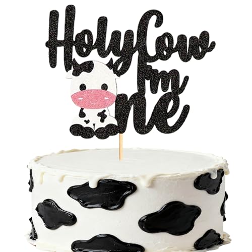 Holy Cow I'm One Cake Topper - Black Glitter Farm Theme