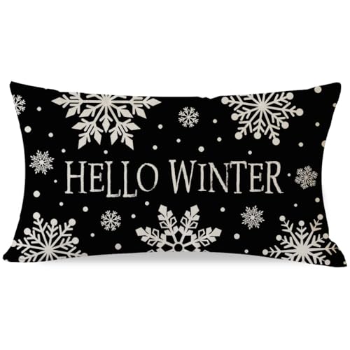 Hello Winter Snowflake Christmas Lumbar Pillow Cover, 12x20 Black Farmhouse