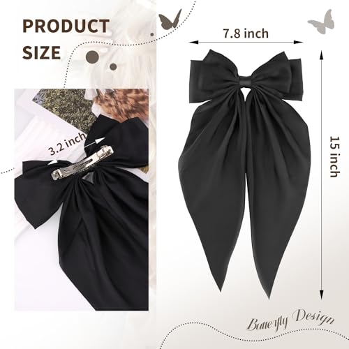 TINKRSTUFF 2 Pcs Silky Satin Big Hair Bows with Metal Clips, Large Long Tail French Barrette Hair Accessories for Women