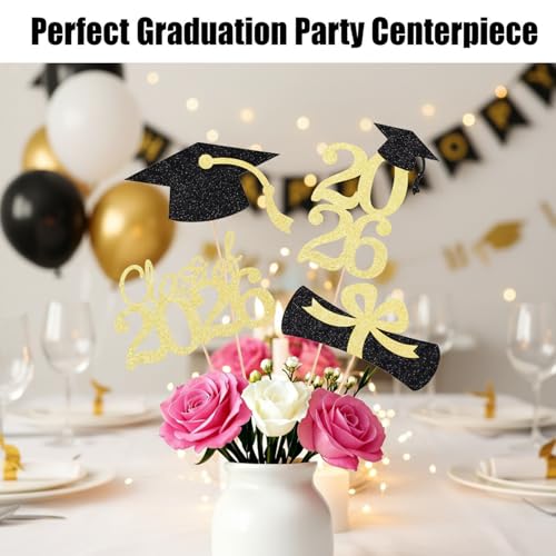 2026 Graduation Decorations - Black & Gold Glitter Centerpieces
