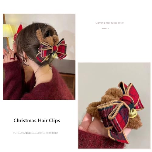 Christmas Red Bow Hair Claw Clip with Bell Rhinestone Holiday Barrette