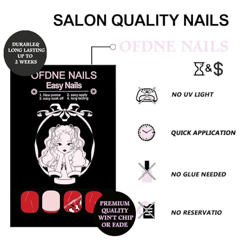 OFDNE Red French Tip Press on Nails with Leopard Print Medium Square