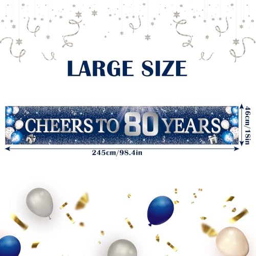 Blue Silver 80th Birthday Banner for Men & Women - 98x19.7 in