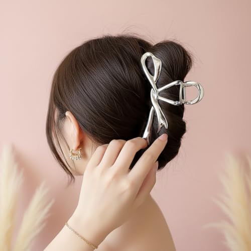 Metal Silver Hair Claw Clip with Ribbon Bow for Thick Hair