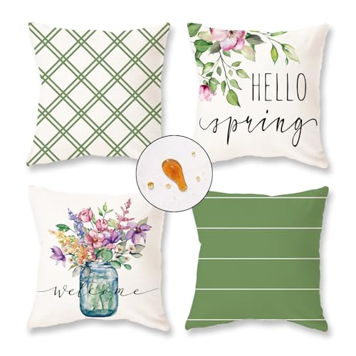 18x18 Waterproof Spring Flower Throw Pillow Covers Set of 4 Farmhouse Green Outdoor Sofa Cushions