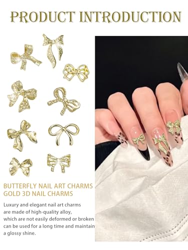 Wsimily 50pcs Gold Bow Nail Charms, 3D Luxury Alloy Bowknot Gems for DIY Manicure