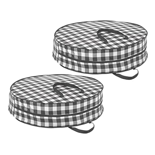mDesign Round 30" Wreath Storage Container with Handles, Fabric Christmas Wreath Storage Bag, Protector, Garland Storage Bag Container, Holiday Decoration Organizer - 2 Pack, Buffalo Plaid Black/White