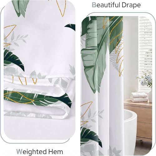Tropical Palm Leaf Shower Curtain, Green Gold Monstera, 72x72 Inch