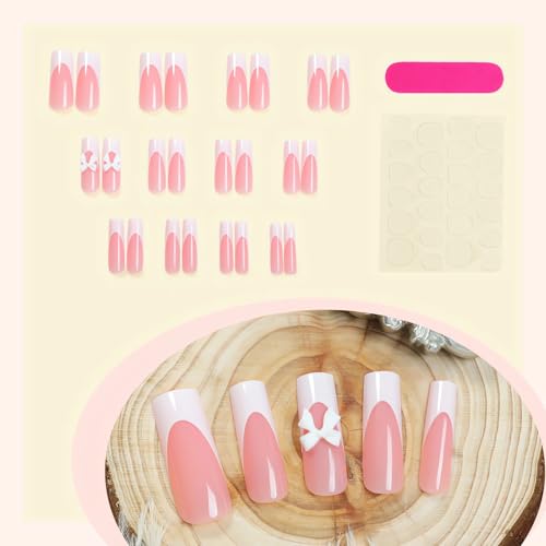 White French Tip Press On Nails with 3D Bow Knot Glossy Pink