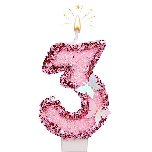Pink Butterfly Number Candle 3 - 2.7 Inch Glitter Cake Topper