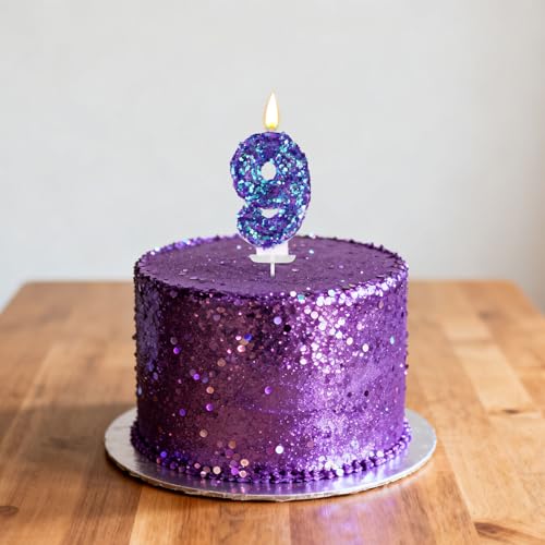 Gosknor Purple Number 9 Birthday Candle with Sequins & Wax Holder