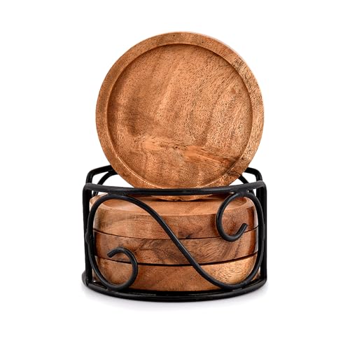 Acacia Wood Coaster Set with Iron Holder - 4 Pack, Tea & Drink Accessories