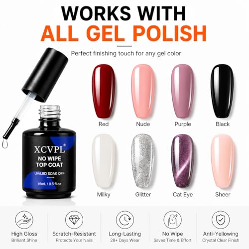 XCVPL No Wipe Gel Top Coat - 15 mL High Gloss UV/LED Nail Polish