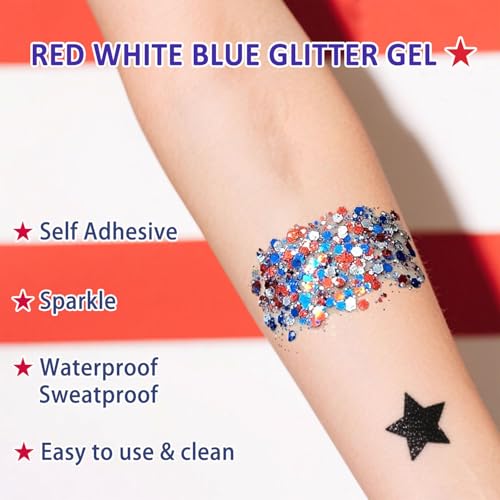 Miniling Patriotic Red White and Blue Body Glitter Gel - 4th of July Face and Hair Makeup