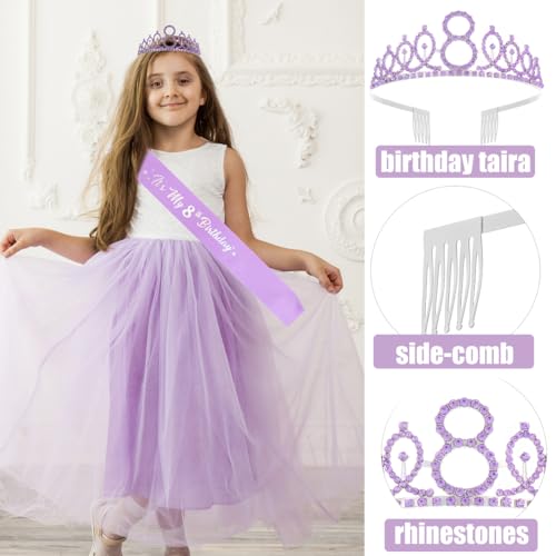8th Birthday Crown and Sash Set - Purple Rhinestone Tiara for Girls