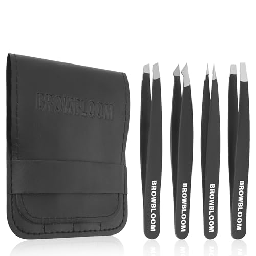 BROWBLOOM 4-Piece Stainless Steel Professional Eyebrow Tweezers Set with Pouch