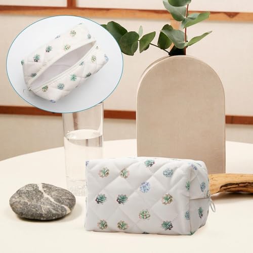 Quilted Makeup Bag Cute Succulents Cotton Cosmetic Pouch Travel Organizer