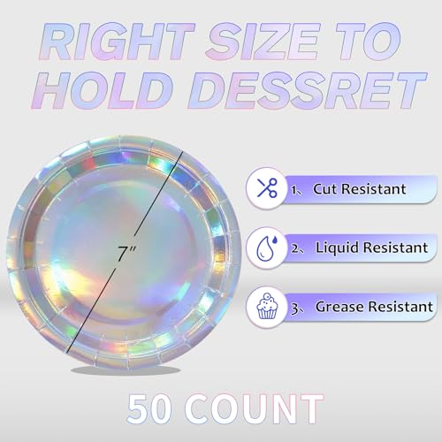 Tyzarglef 7-Inch Iridescent Disposable Paper Plates - 50 Count Bulk