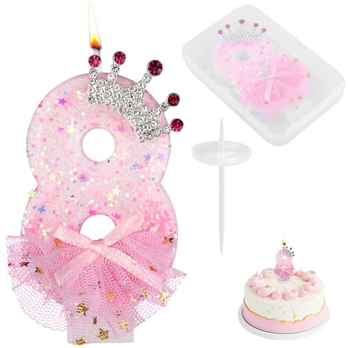 Pink Number 8 Glitter Crown Birthday Candle with Bow