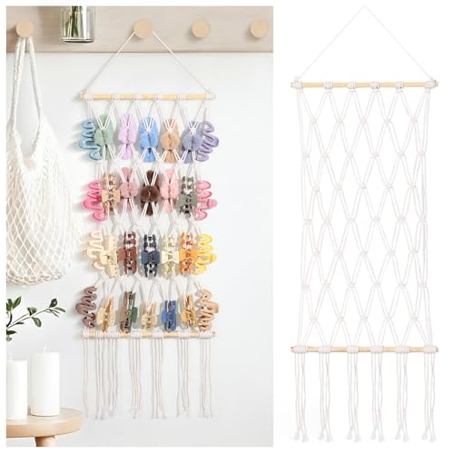 SNOWSTAR Macrame Claw Clip Organizer - 4-Tier Hanging Hair Clip Holder, White