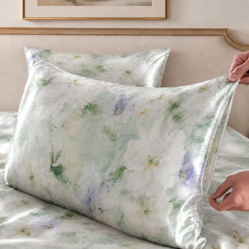 YIYEA Standard Satin Pillow Cases Set of 2 with Zipper, 20x26