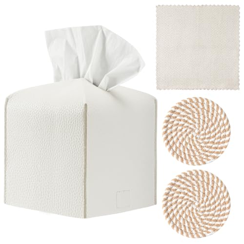 White Square Tissue Box Cover with Coasters & Cleaning Cloth Set - Modern Home Decor