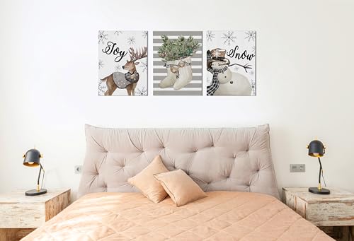 Christmas Wall Art Prints Set of 3 - Reindeer Snowman Holiday Decor 11x14 Inches