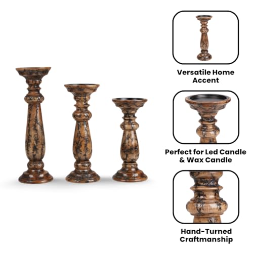Natural Wooden Candle Holder Set of 3 - Tall Graduated Pillar Stands with Rustic Finish - 10, 12, 14 Inches