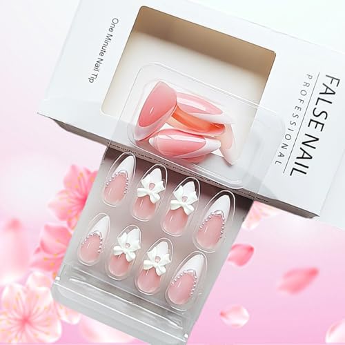 Almond Press on Nails - French Tips with Cute Bow Charms, Nude Pink Acrylic