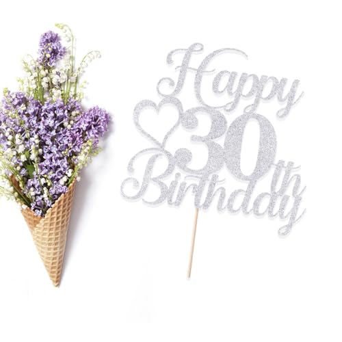 Silver Glitter Happy 30th Birthday Cake Topper Cheers to 30 Years Old Decoration