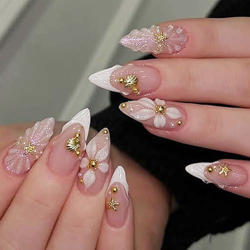 24Pcs Medium Almond Press on Nails with 3D Floral French Tip Design