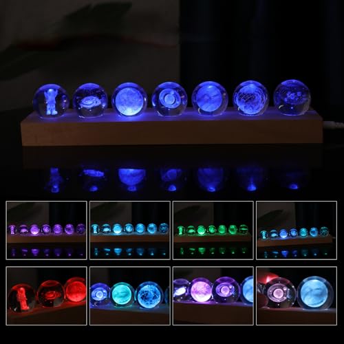 7 Pcs Crystal Planet Night Light Set with Wooden Base - Galaxy Moon Saturn Decor for Home & Gifts