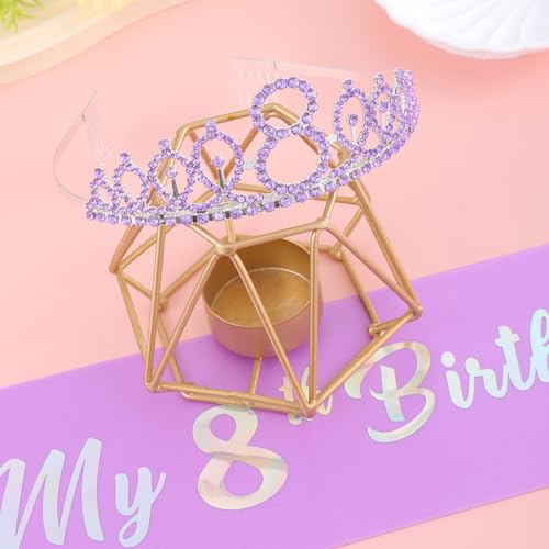 8th Birthday Crown and Sash Set - Purple Rhinestone Tiara for Girls