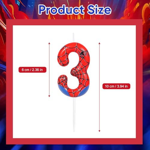 Spider Number 3 Birthday Candle - Red & Blue Web Cake Topper for Party