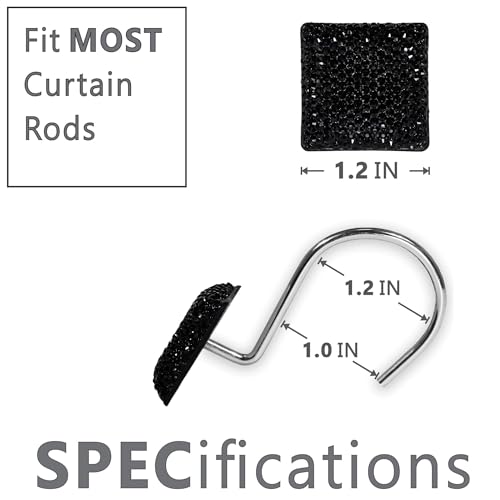 Black Crystal Shower Curtain Hooks - 12Pcs Sparkly Diamond Rings