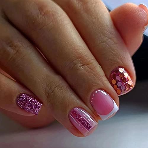 TUZANDW Rose Pink Square Press on Nails Short Glitter Sequins False Nails