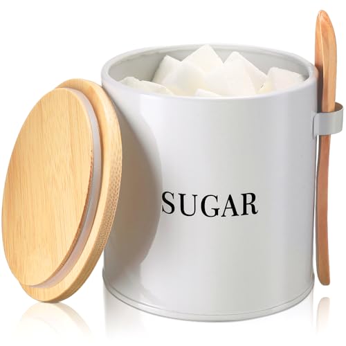 AISBUGUR Metal Sugar Bowl with Lid and Spoon, White, 15 oz Kitchen Canister