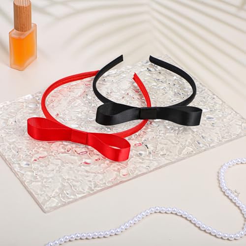 2PCS Satin Bow Headbands Red and Black Thin Hair Bow Headband for Costumes