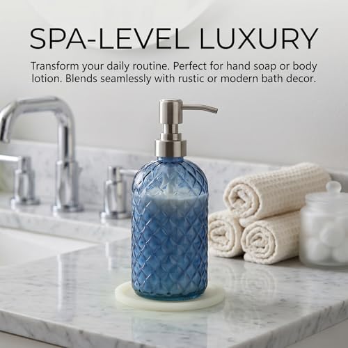 Blue Glass Soap Dispenser with Coaster - 14 Oz Rust-Proof Pump