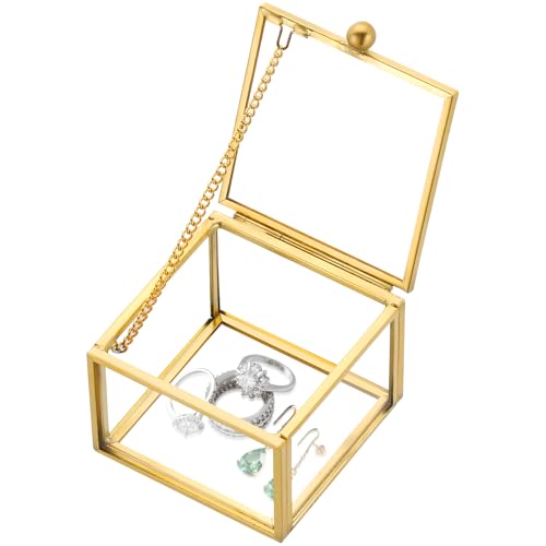 Gold Glass Jewelry Box - Square Decorative Storage for Rings & Keepsakes