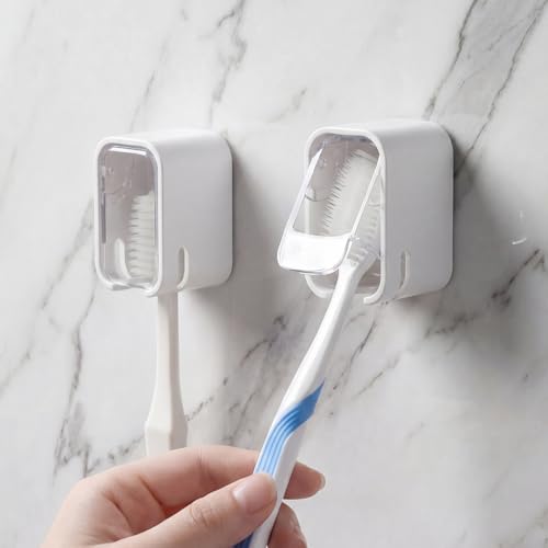 Hanging Toothbrush Holder with Cover - 2PCS Self-Adhesive Wall Mount