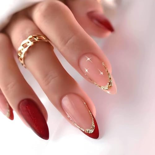 ZIFANHU Short Almond Press on Nails Red French Tip with Gold Glitter 24Pcs