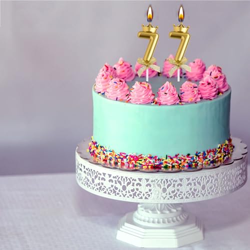 77th Birthday Candle Set - Elegant Smokeless Gold Crown Cake Topper