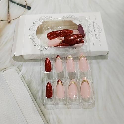 ZIFANHU Short Almond Press on Nails Red French Tip with Gold Glitter 24Pcs